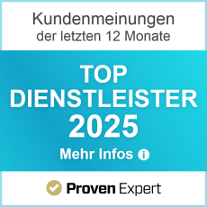 award Blaues Bild mit Kundenmeinungen von Proven Expert der letzten 12 Monate. Top Dienstleister 2025