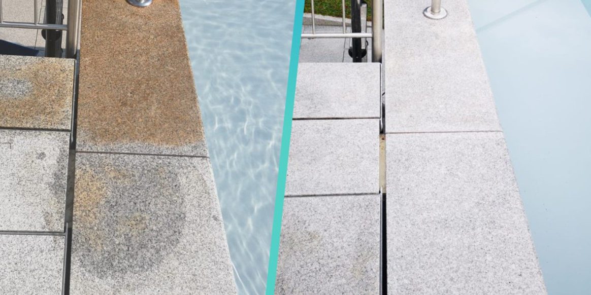 Vorher-nachher Vergleich eines Granitbodens mit Wasserflecken links und gereinigter, klarer Oberfläche rechts.