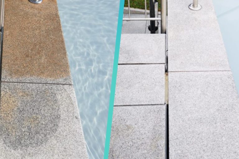 Vorher-nachher Vergleich eines Granitbodens mit Wasserflecken links und gereinigter, klarer Oberfläche rechts.