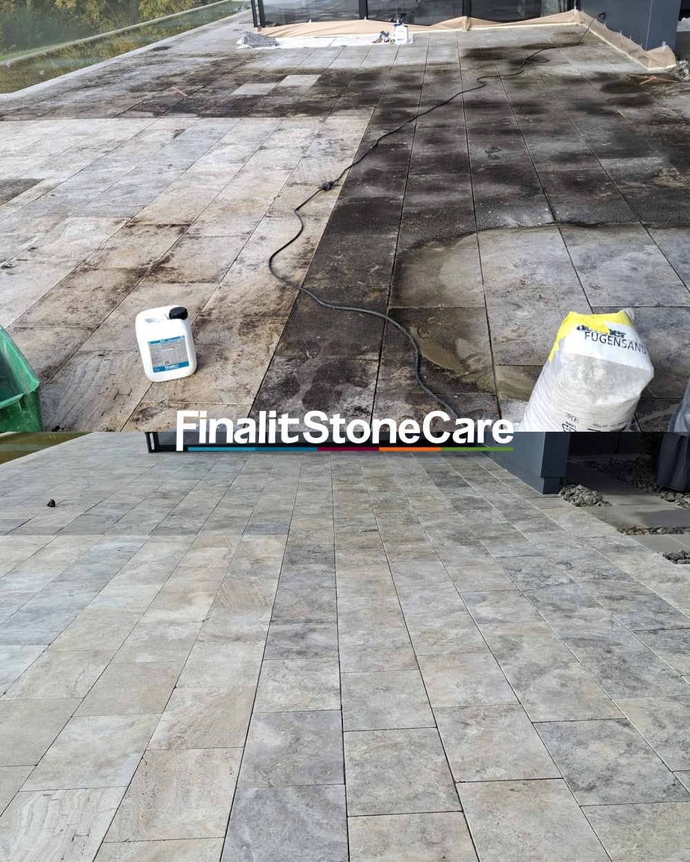 verschmutzte Naturstein Terrasse mit Algen und Grünbelag