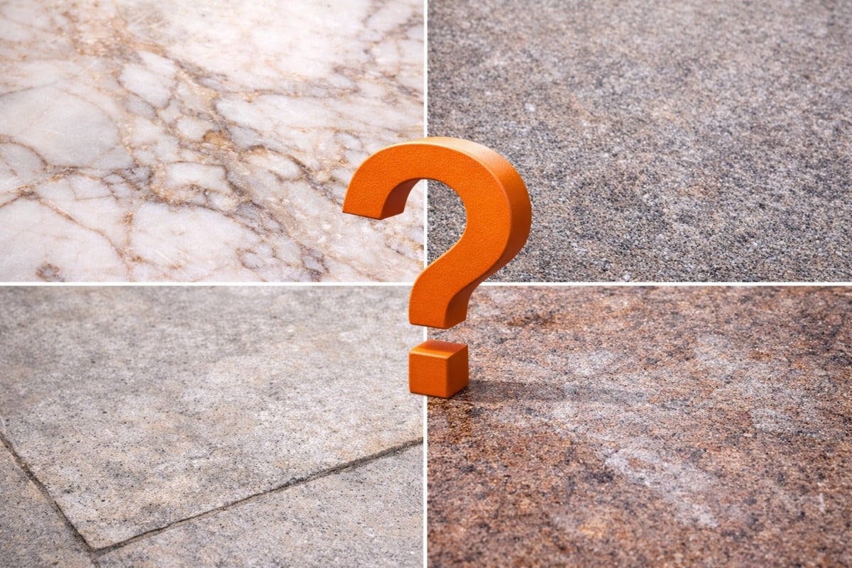 Unterschiedliche Steinoberflächen wie Naturstein, Betonstein und Feinsteinzeug mit Fragezeichen als Symbol für die Analyse von Material und Oberfläche vor der Steinreinigung.