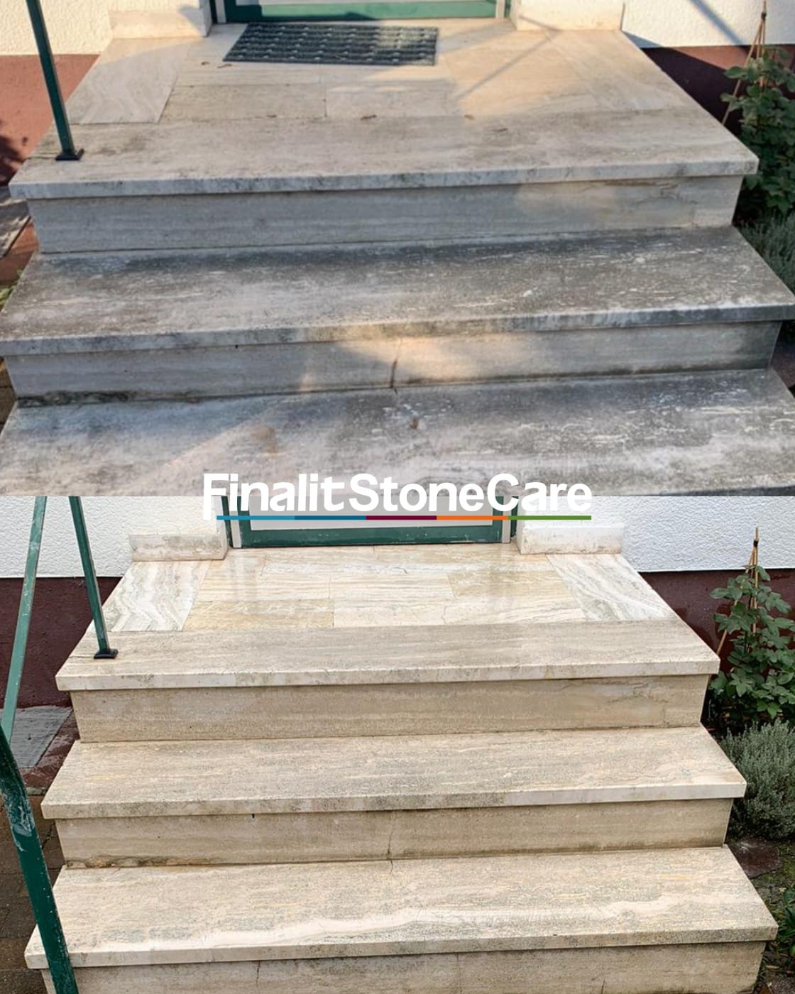 Stark verschmutzte Travertinfläche mit dunklen Flecken und Ablagerungen vor der fachgerechten Natursteinreinigung.