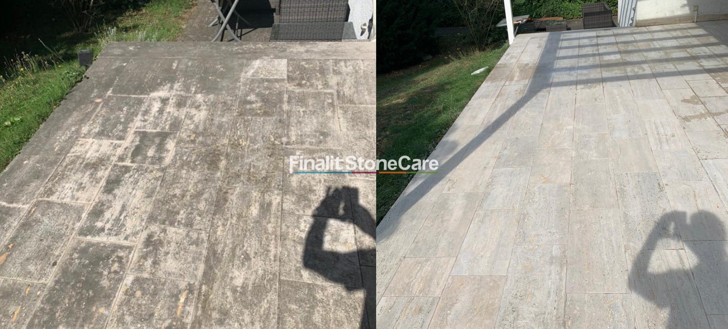 Helle, gleichmäßige Travertinoberfläche nach der richtigen Reinigung mit speziellen Natursteinreinigern.