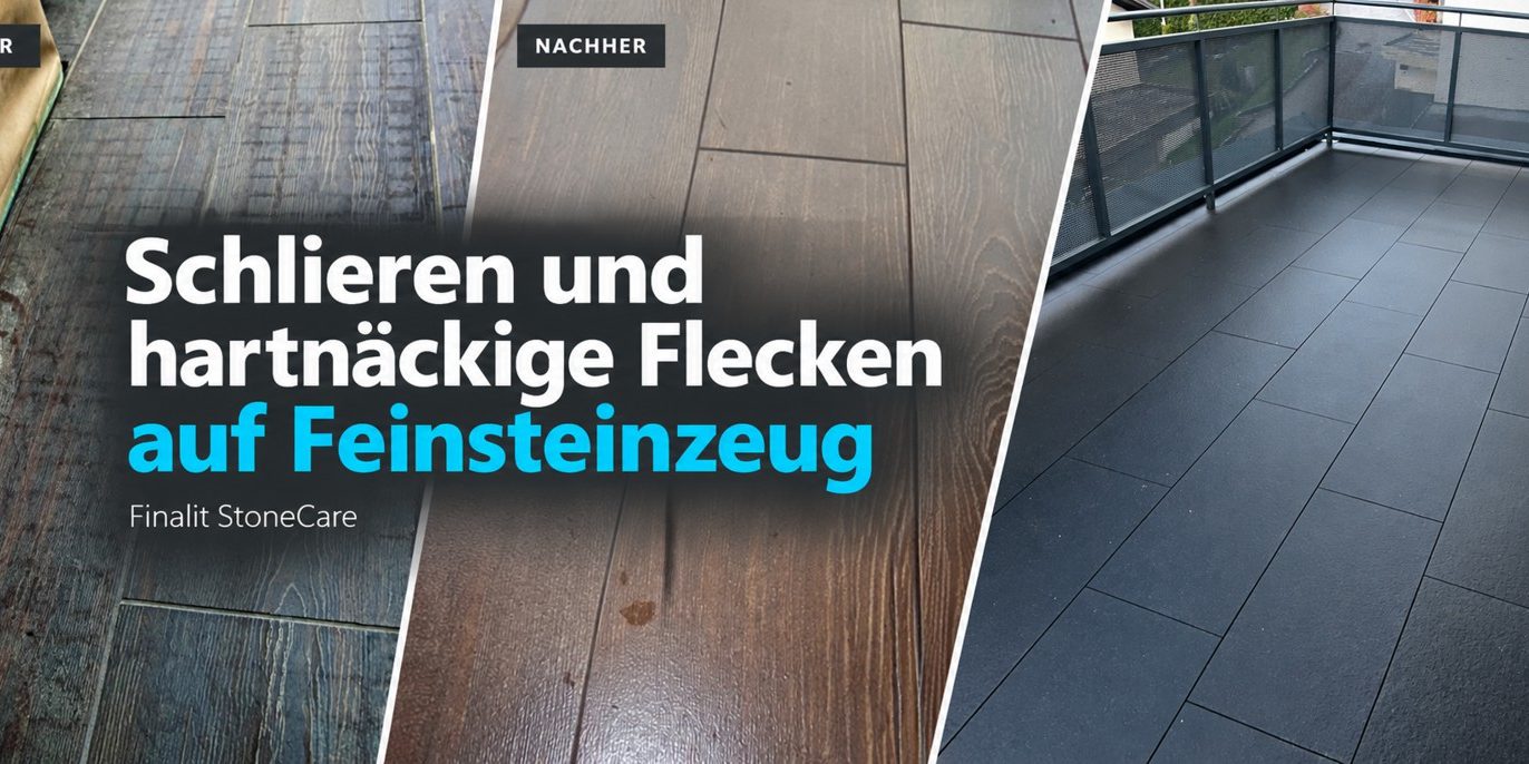 Schlieren und hartnäckige Flecken auf Feinsteinzeug: Vorher-Nachher-Motive von Finalit StoneCare