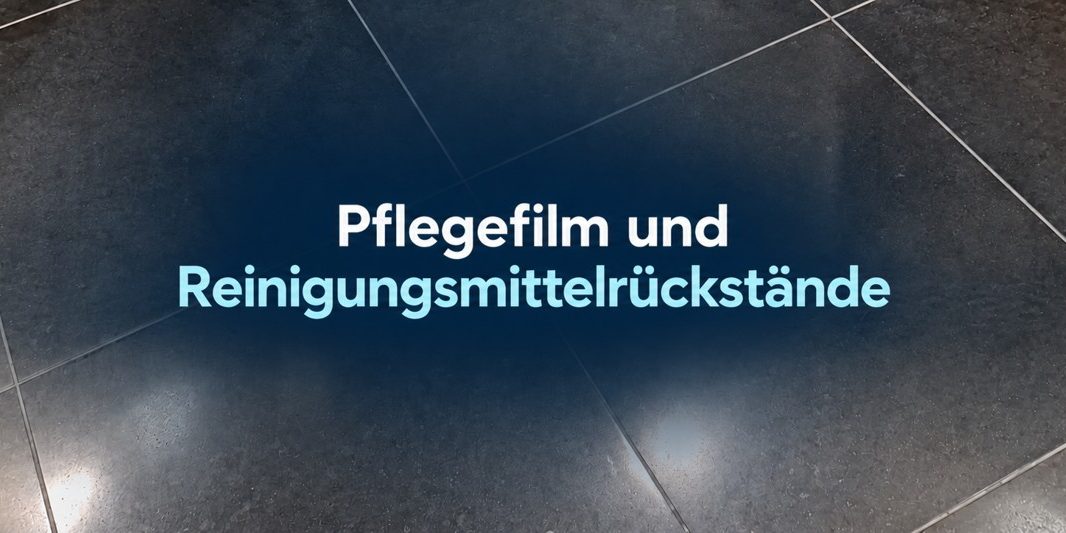 pflegefilm Dunkler Fliesenboden mit dem Schriftzug Pflegefilm und Reinigungsmittelrückstände
